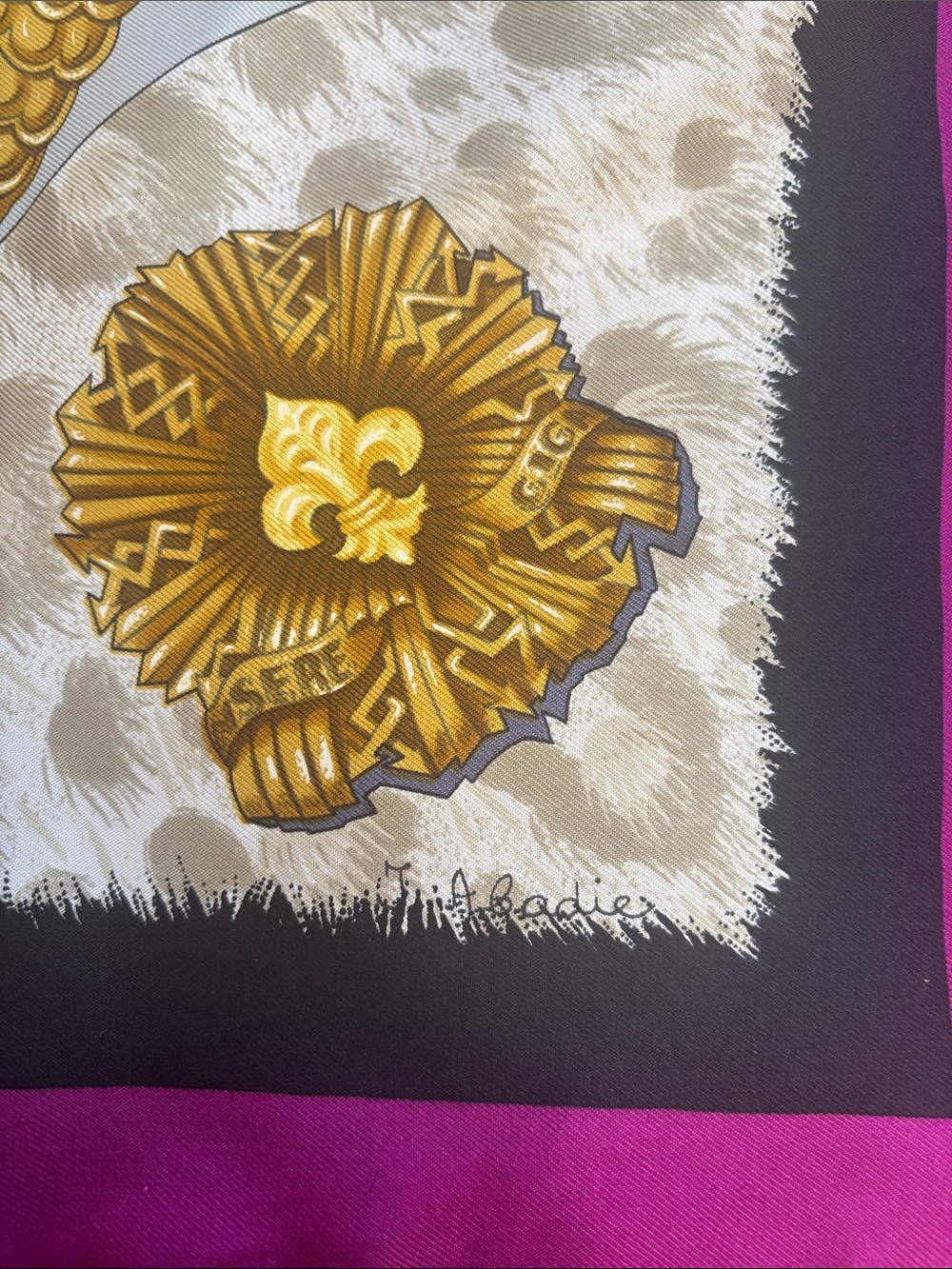 Hermes Purple Gold Black White Silk Scarf with Equestrian Helm Motifs - Picture 5 of 5